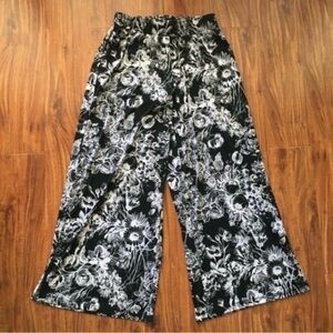 G.I.L.I. Womens Black Floral High Waist Elastic Side Slit Wide Leg Crop Pant XSP